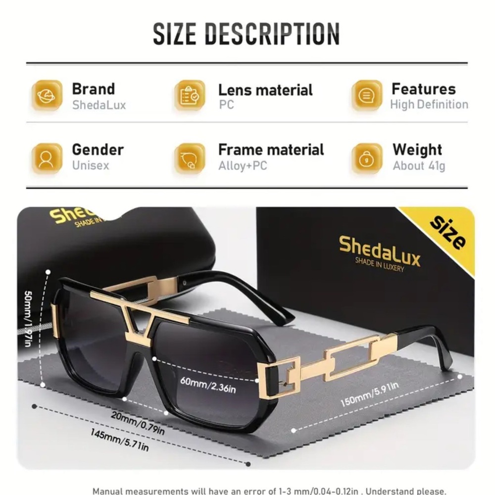 ShedaLux Unisex Large Pilot-Style Fashion Glasses with Golden-Tone Accents - Picture 2 of 3
